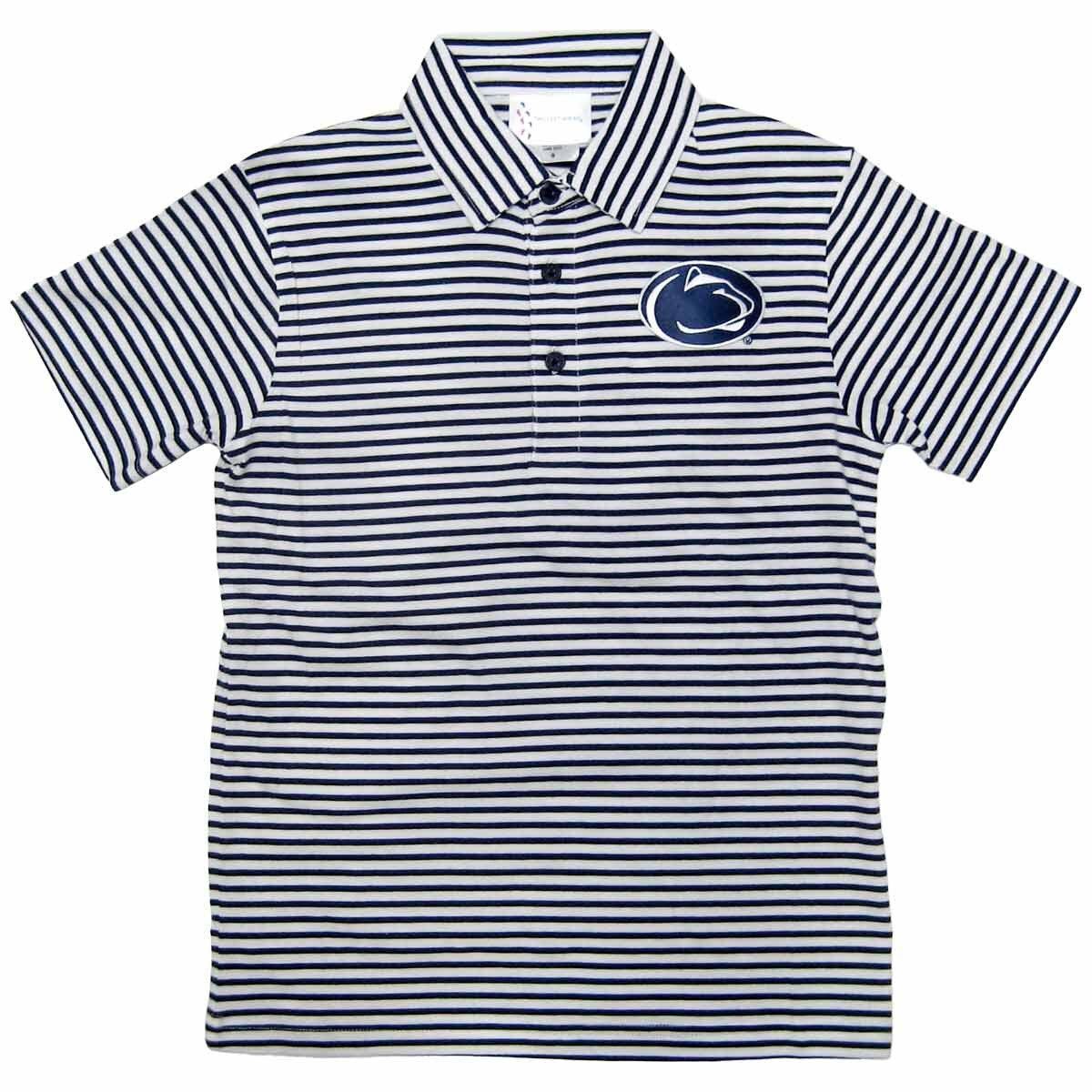 white youth golf polo with navy stripes and stitched Penn State Athletic Logo
